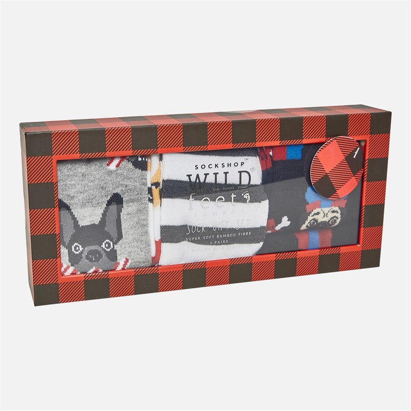 Wildfeet Mens Dog Holding Xmas Cracker Three Pack Bamboo Socks With Gift Box Assorted