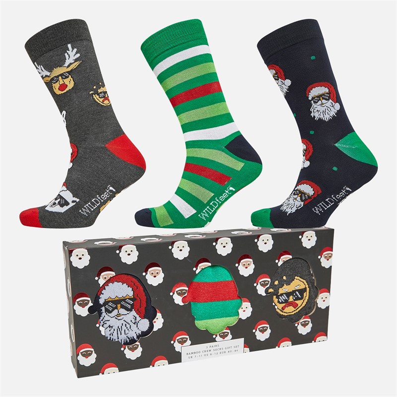 Wildfeet Mens Santa In Glasses Three Pack Bamboo Socks With Gift Box Assorted - Size 7