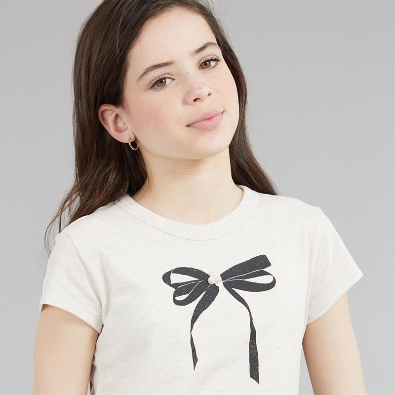 Abercrombie & Fitch Girls Pearl Bow Ruched T-Shirt Anf Oatmeal Heather