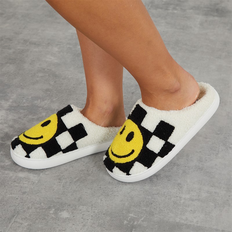 KRUSH Womens Happy Face Mule Slippers Black/White Check