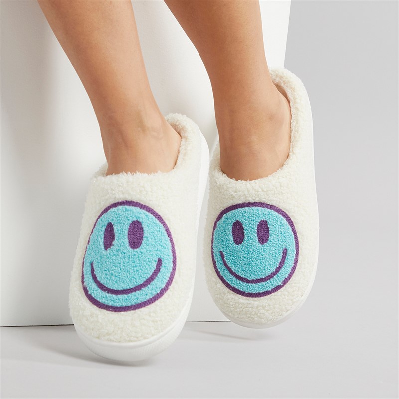 KRUSH Womens Happy Face Mule Slippers White/Pale Blue