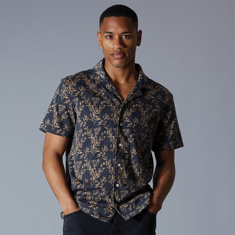 Scotch & Soda Mens Berry Jacquard Knitted Camp Short Sleeve Shirt Charcoal - Size S