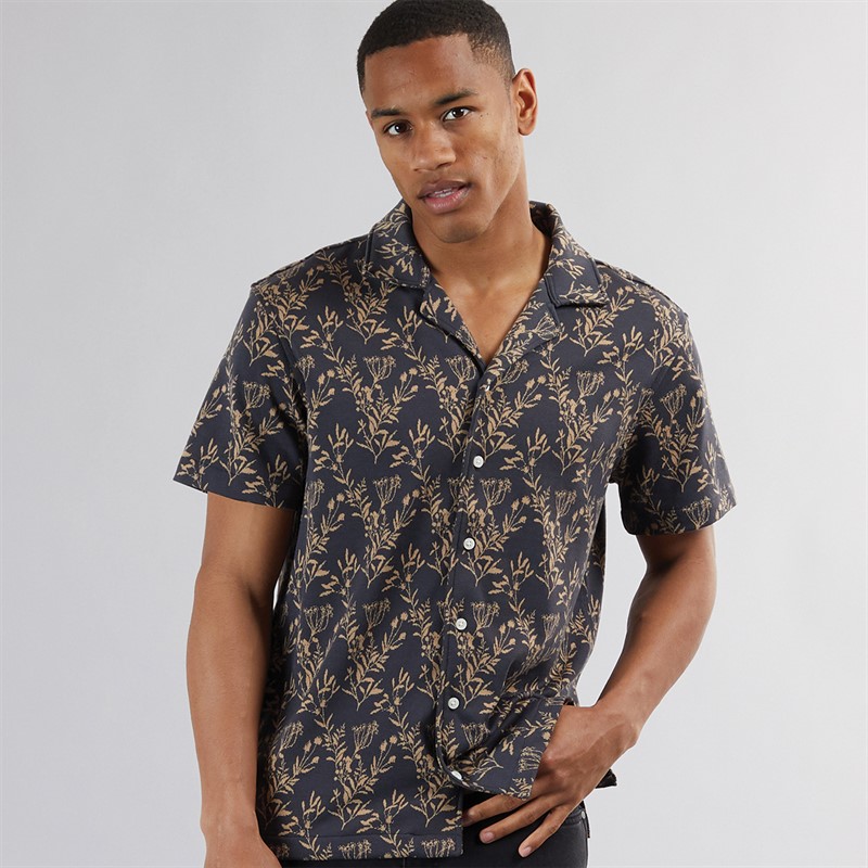 Scotch & Soda Mens Berry Jacquard Knitted Camp Short Sleeve Shirt Charcoal