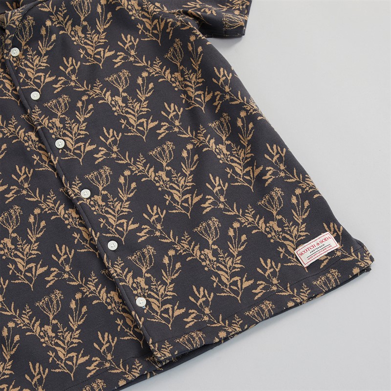 Scotch & Soda Mens Berry Jacquard Knitted Camp Short Sleeve Shirt Charcoal