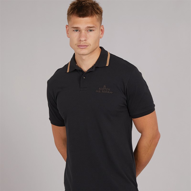 Scotch & Soda Mens Pique Short Sleeve Polo Black Grey - Size M