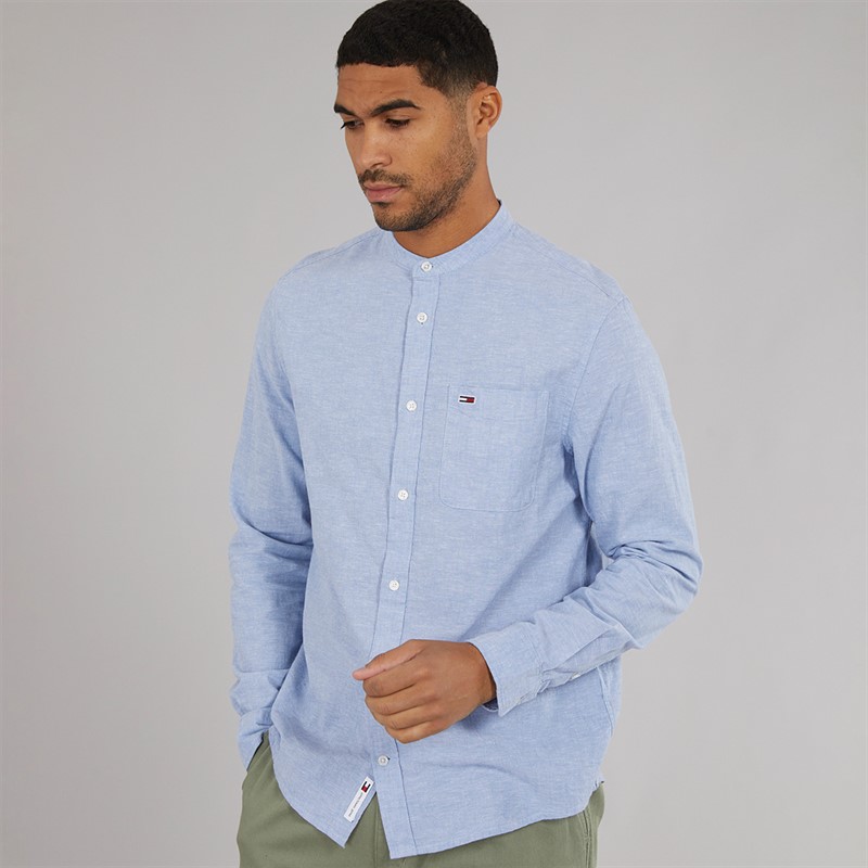 Tommy Jeans Mens Linen Mix Long Sleeve Shirt Colorado Blue