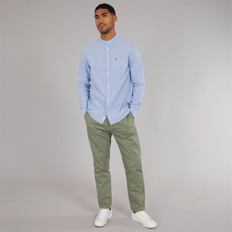 Tommy Jeans Mens Linen Mix Long Sleeve Shirt Colorado Blue