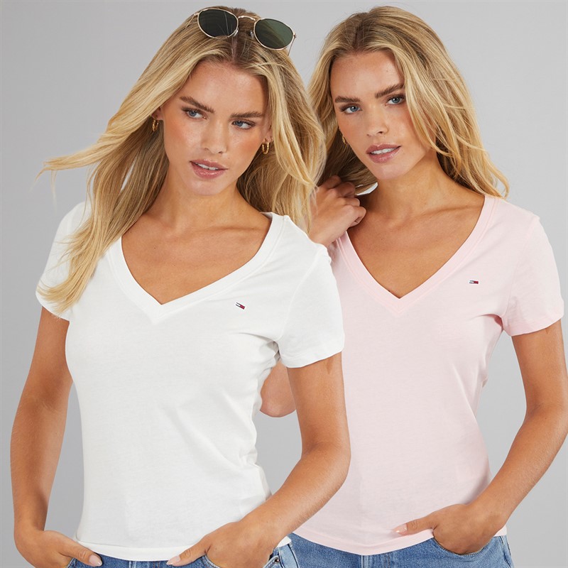 Tommy Jeans Womens Two Pack V-Neck T-Shirts Ecru/Precious Pink - Size S