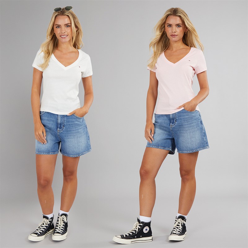 Tommy Jeans Womens Two Pack V-Neck T-Shirts Ecru/Precious Pink