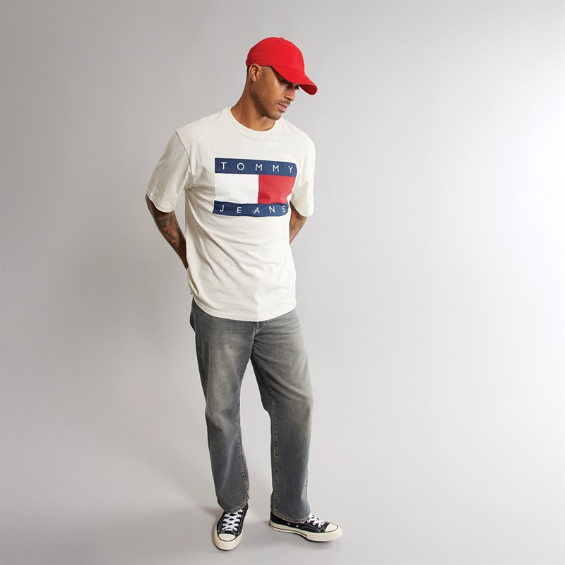 Tommy Jeans Mens Flag Logo T-Shirt Off White