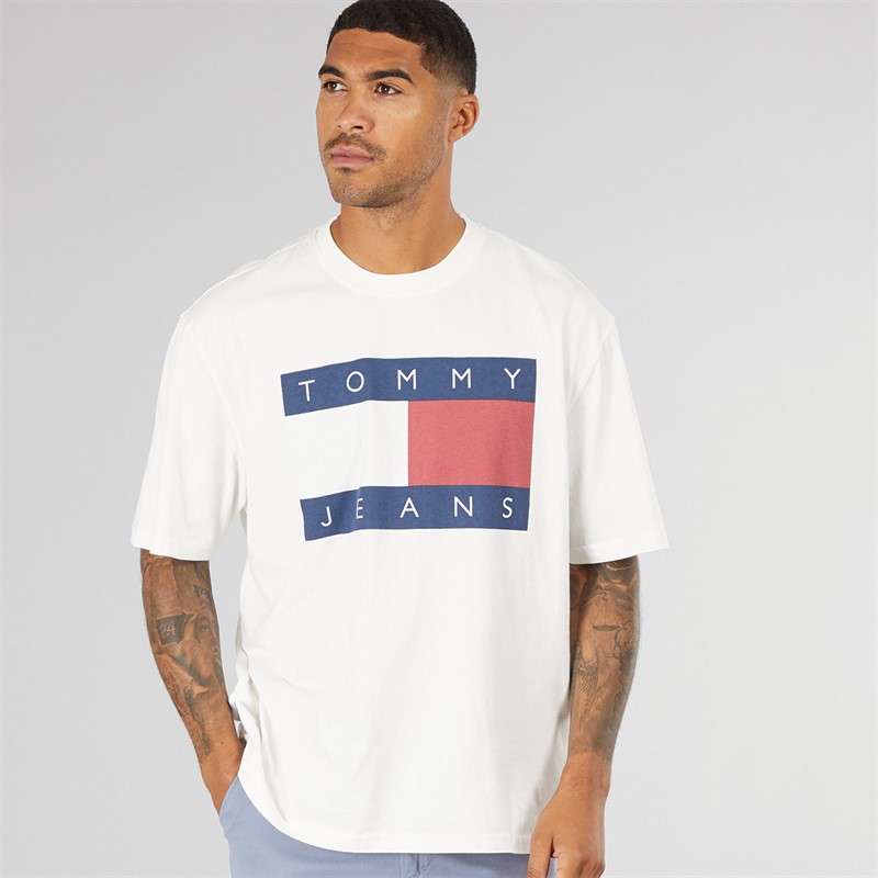 Tommy Jeans Mens Flag Logo T-Shirt Off White - Size XS
