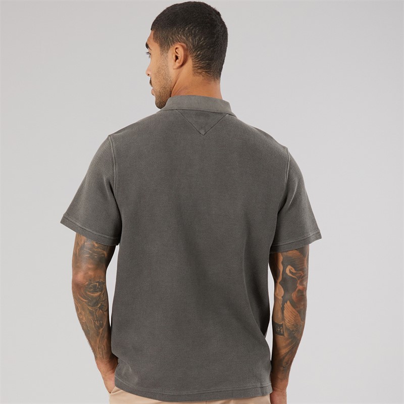 Tommy Jeans Mens Washed Waffle Polo Shirt Black