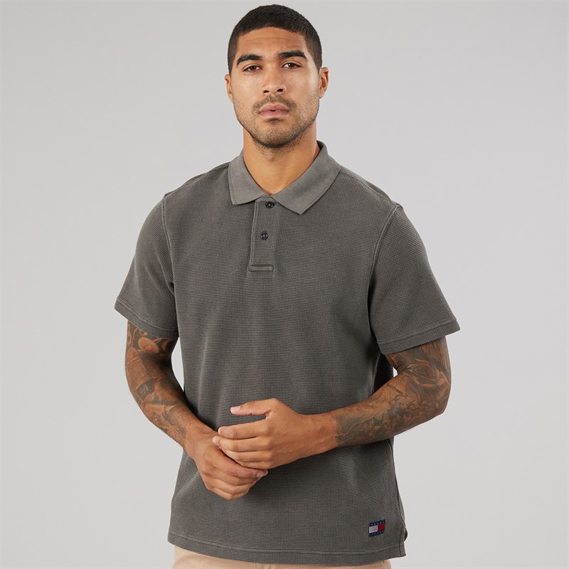 Tommy Jeans Mens Washed Waffle Polo Shirt Black