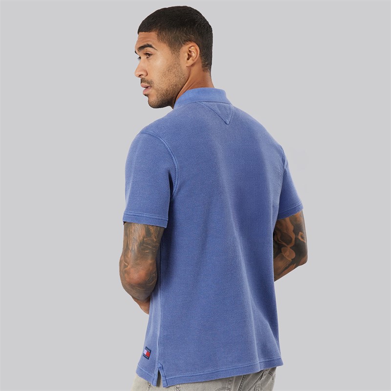 Tommy Jeans Mens Washed Waffle Polo Shirt Blue Storm