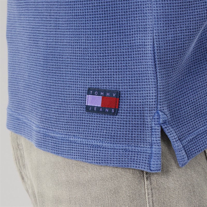 Tommy Jeans Mens Washed Waffle Polo Shirt Blue Storm