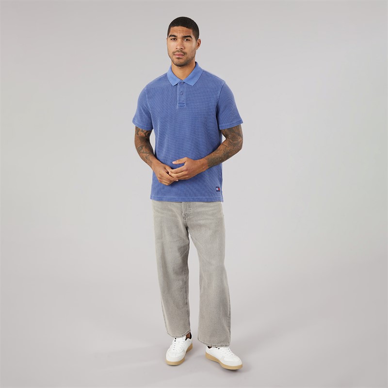 Tommy Jeans Mens Washed Waffle Polo Shirt Blue Storm