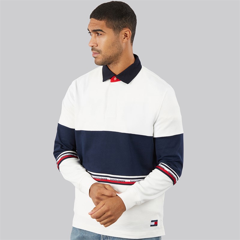 Tommy Jeans Mens Relaxed Colour Block Rugby Shirt Ancient White