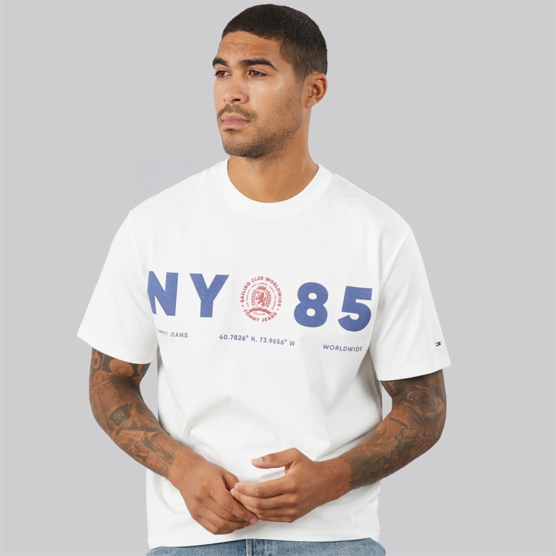 Tommy Jeans Mens Crest 1985 Relaxed T-Shirt Ecru
