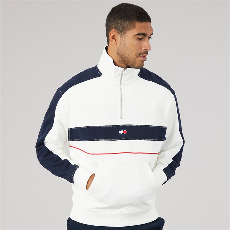 Tommy Jeans Mens Relaxed Colourblock 1/4 Zip Sweatshirt Ecru