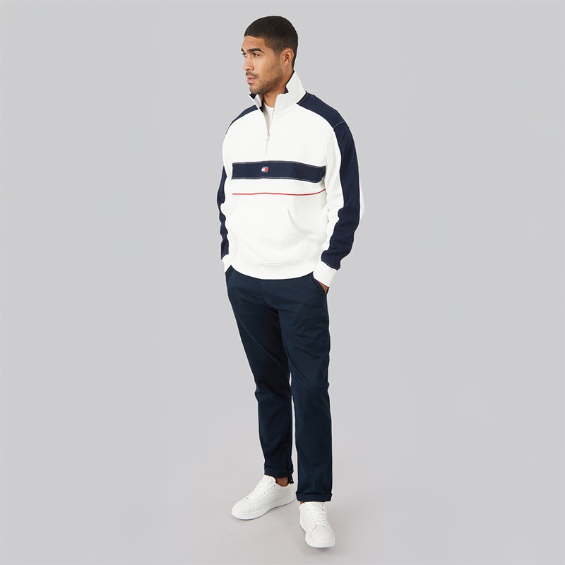 Tommy Jeans Mens Relaxed Colourblock 1/4 Zip Sweatshirt Ecru