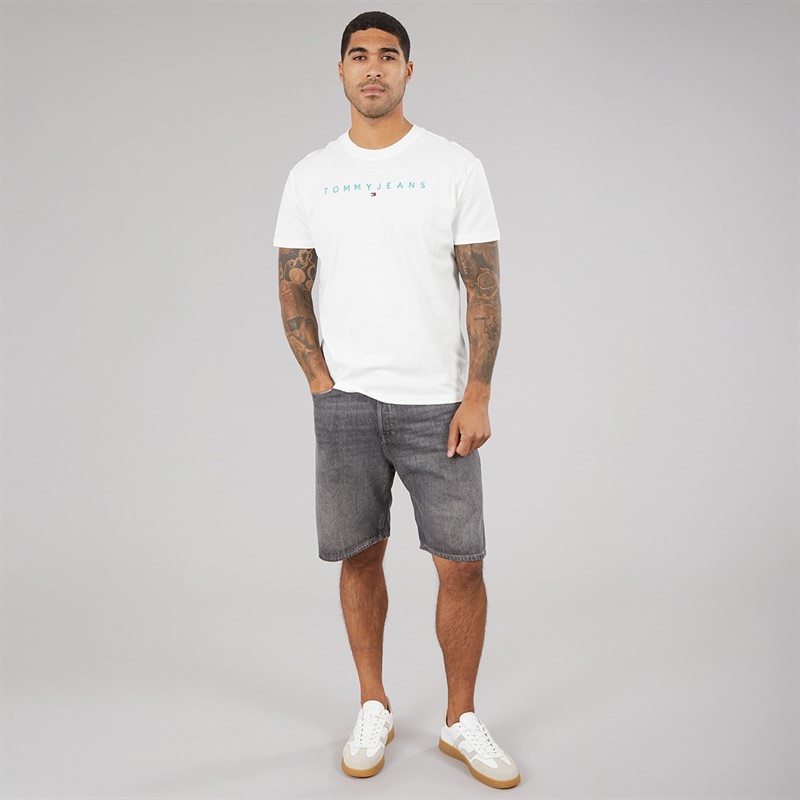 Tommy Jeans Mens Linear Logo T-Shirt Ecru/Bahama Green