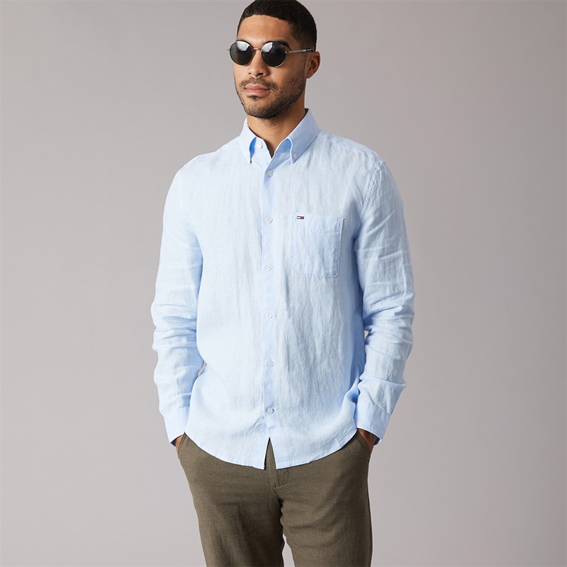 Tommy Jeans Mens Linen Long Sleeve Shirt Sweet Blue