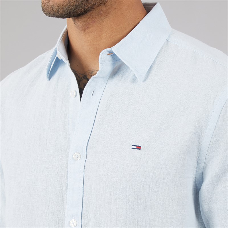 Tommy Jeans Mens Linen Long Sleeve Shirt Sweet Blue