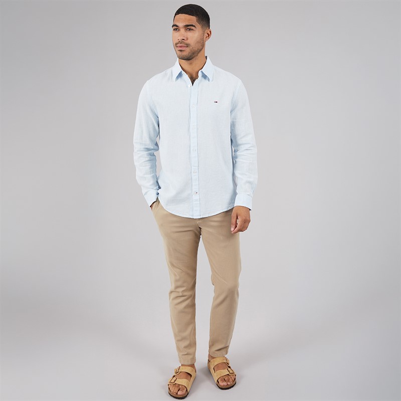 Tommy Jeans Mens Linen Long Sleeve Shirt Sweet Blue