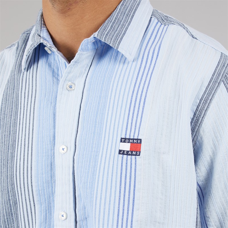 Tommy Jeans Mens Stripe Short Sleeve Shirt Sweet Blue Stripes