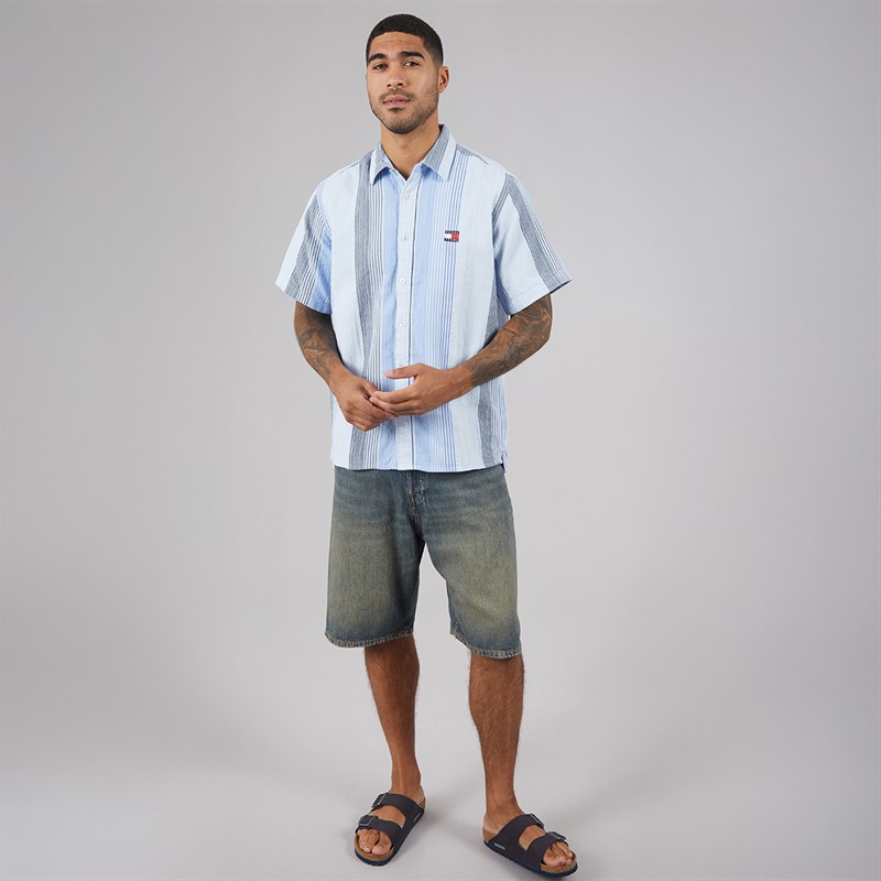 Tommy Jeans Mens Stripe Short Sleeve Shirt Sweet Blue Stripes