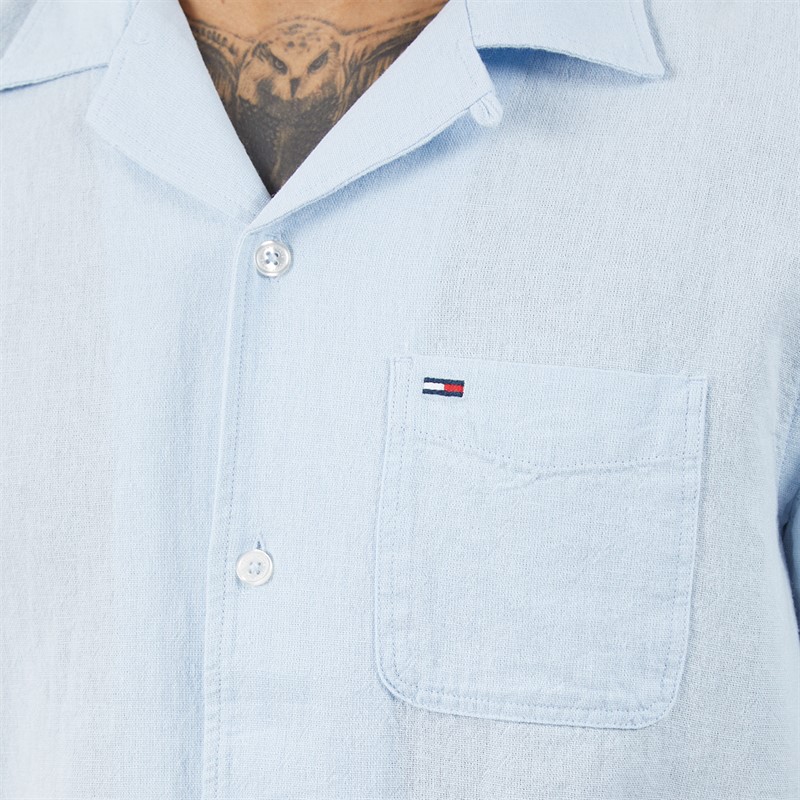 Tommy Jeans Mens Linen Short Sleeve Shirt Sweet Blue