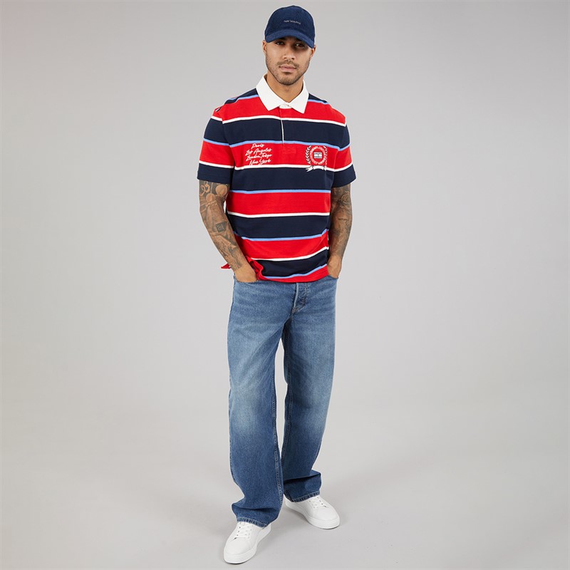 Tommy Jeans Mens Stripe Rugby Shirt Rapid Red Stripe