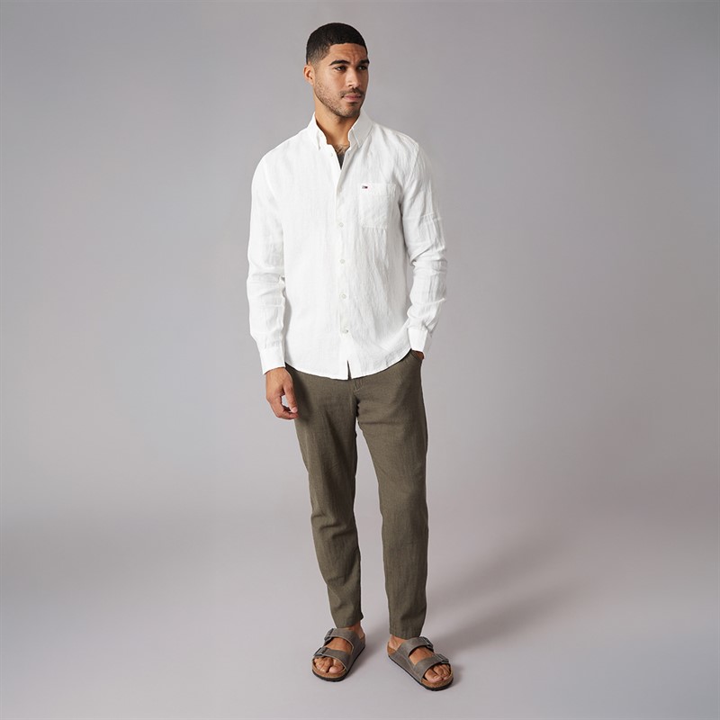 Tommy Jeans Mens Linen Long Sleeve Shirt Ecru