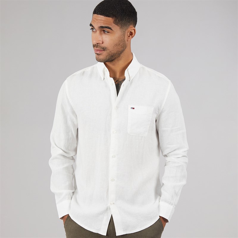 Tommy Jeans Mens Linen Long Sleeve Shirt Ecru
