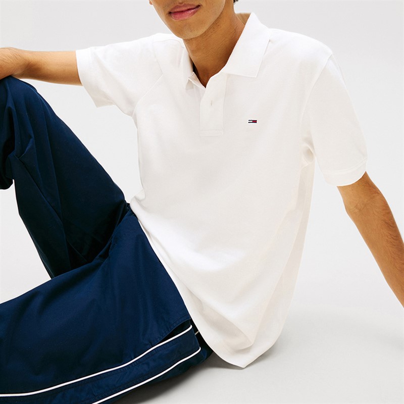 Tommy Jeans Mens Flag Regular Fit Pique Polo Shirt White
