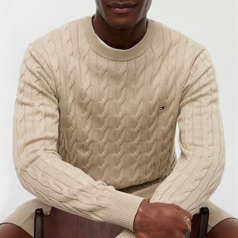 Tommy Jeans Mens Flag Embroidery Cable Knit Sweater Sandalwood