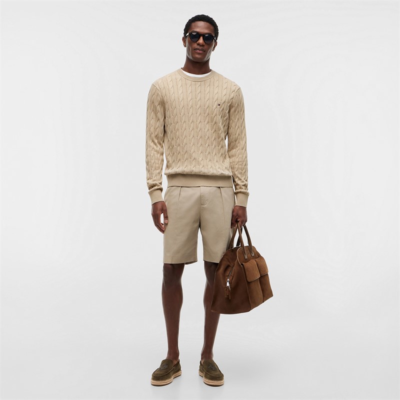 Tommy Jeans Mens Flag Embroidery Cable Knit Sweater Sandalwood