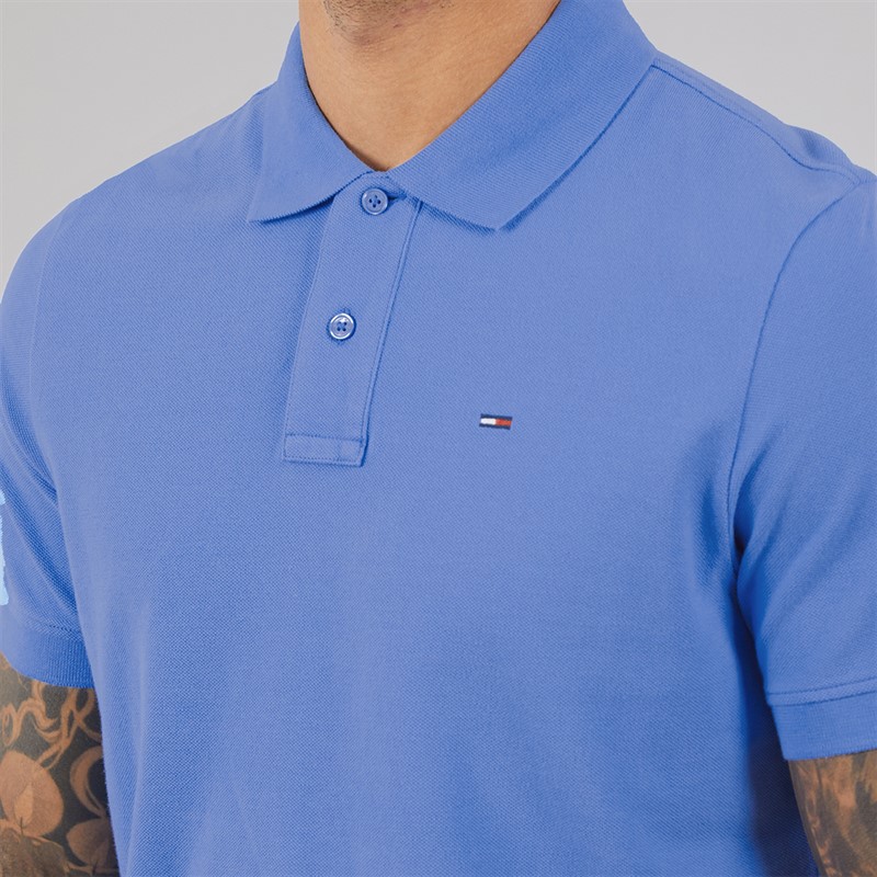 Tommy Jeans Mens Flag Regular Fit Pique Polo Shirt Blue Twilight