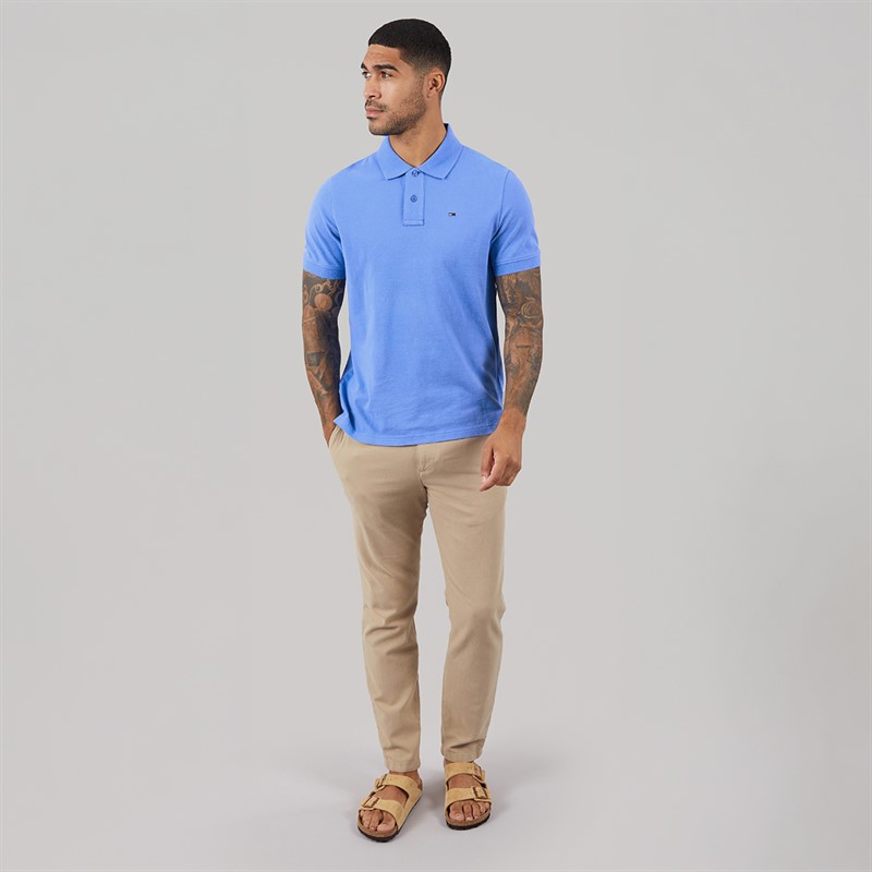 Tommy Jeans Mens Flag Regular Fit Pique Polo Shirt Blue Twilight