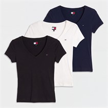 Tommy Jeans Womens Three Pack V-Neck T-Shirts Black/Ecru/Dark Night Navy