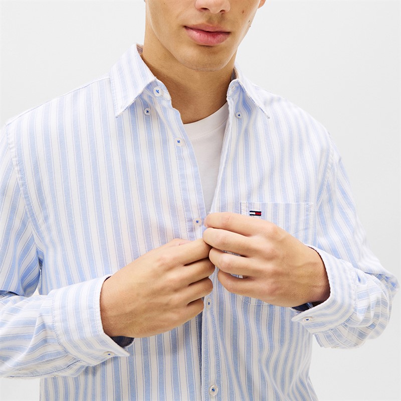 Tommy Jeans Mens Stripe Oxford Long Sleeve Shirt Blue Twilight Stripe