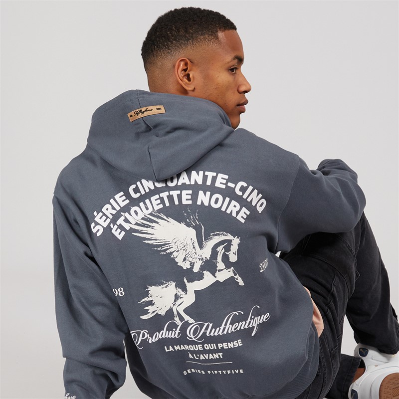 Fiftyfive Mens Projan Front Back Logo Hoodie Steel Blue - Size L