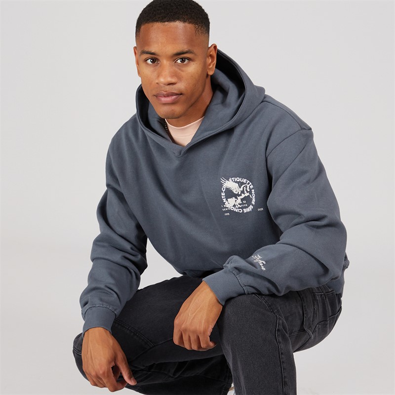 Fiftyfive Mens Projan Front Back Logo Hoodie Steel Blue