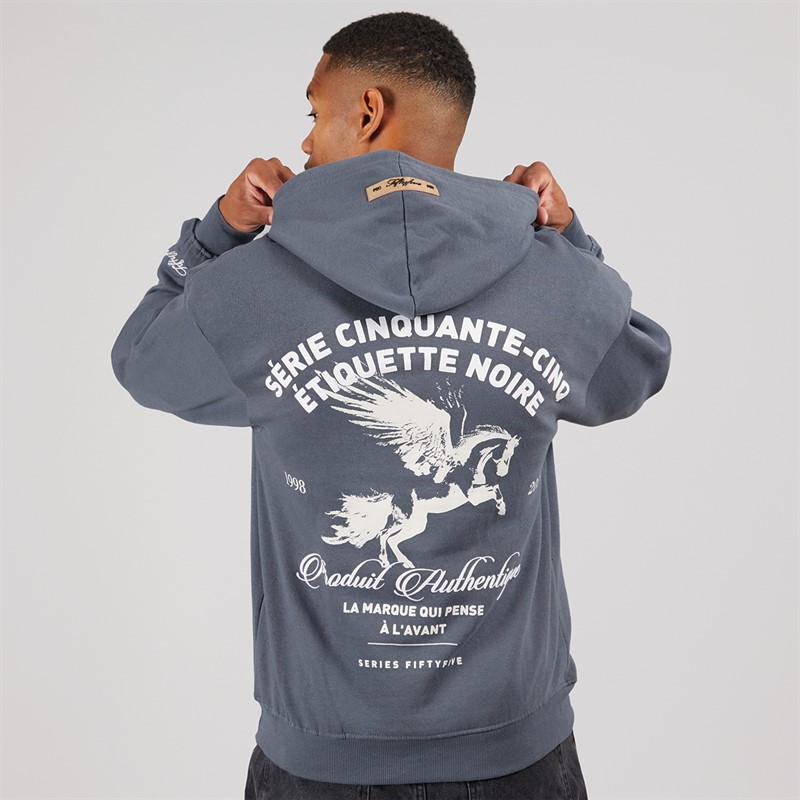 Fiftyfive Mens Projan Front Back Logo Hoodie Steel Blue