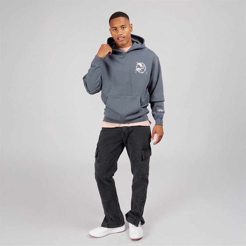 Fiftyfive Mens Projan Front Back Logo Hoodie Steel Blue