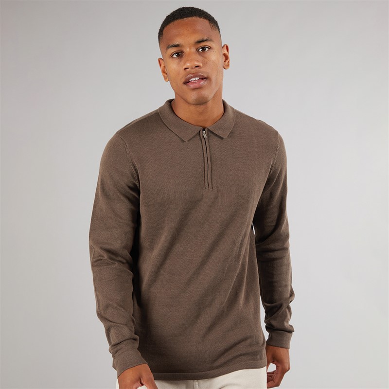 Another Influence Mens Knitted Long Sleeve Polo Dark Brown - Size M