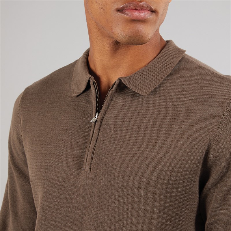 Another Influence Mens Knitted Long Sleeve Polo Dark Brown