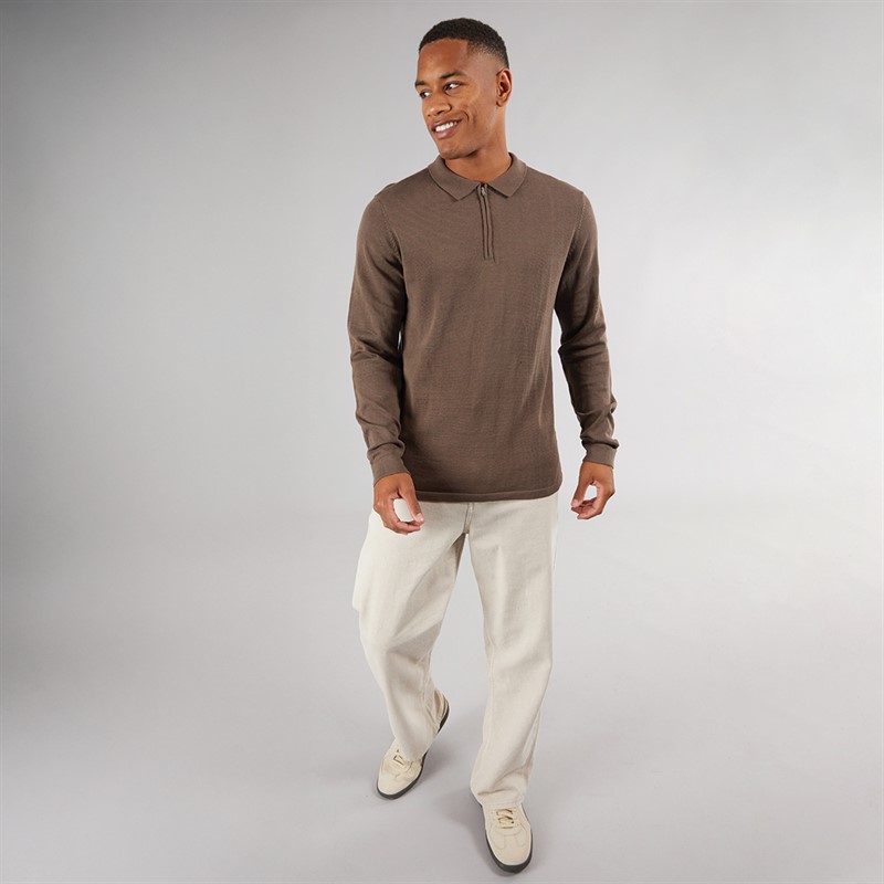 Another Influence Mens Knitted Long Sleeve Polo Dark Brown