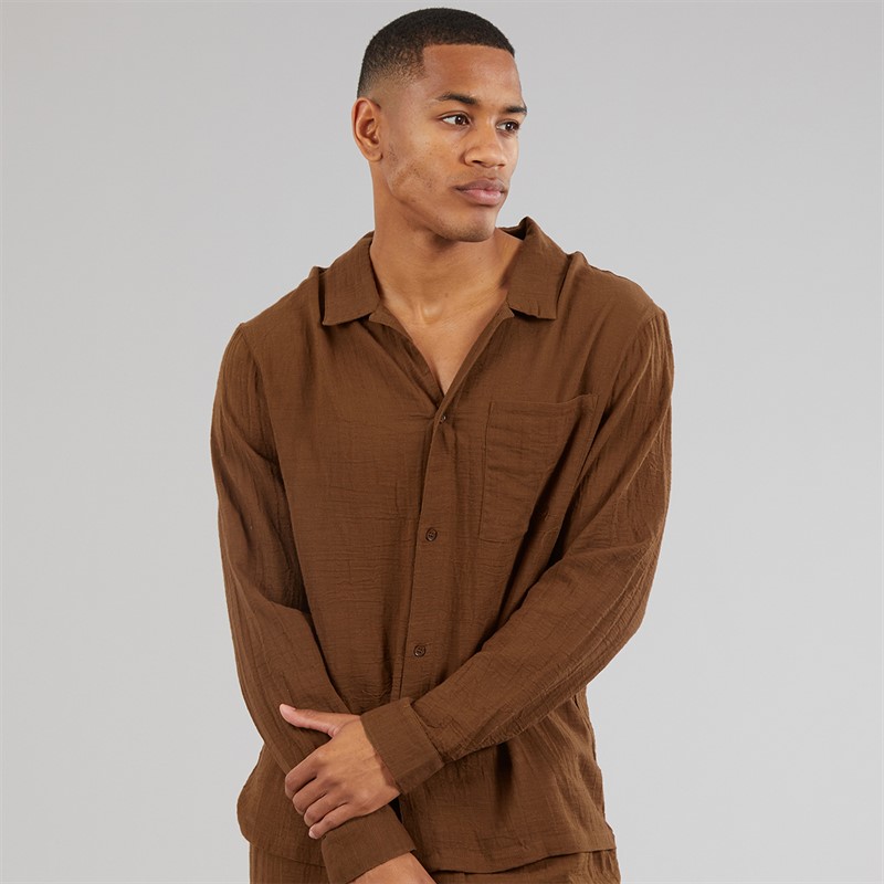 Another Influence Mens Gauze Long Sleeve Relaxed Shirt Terracotta