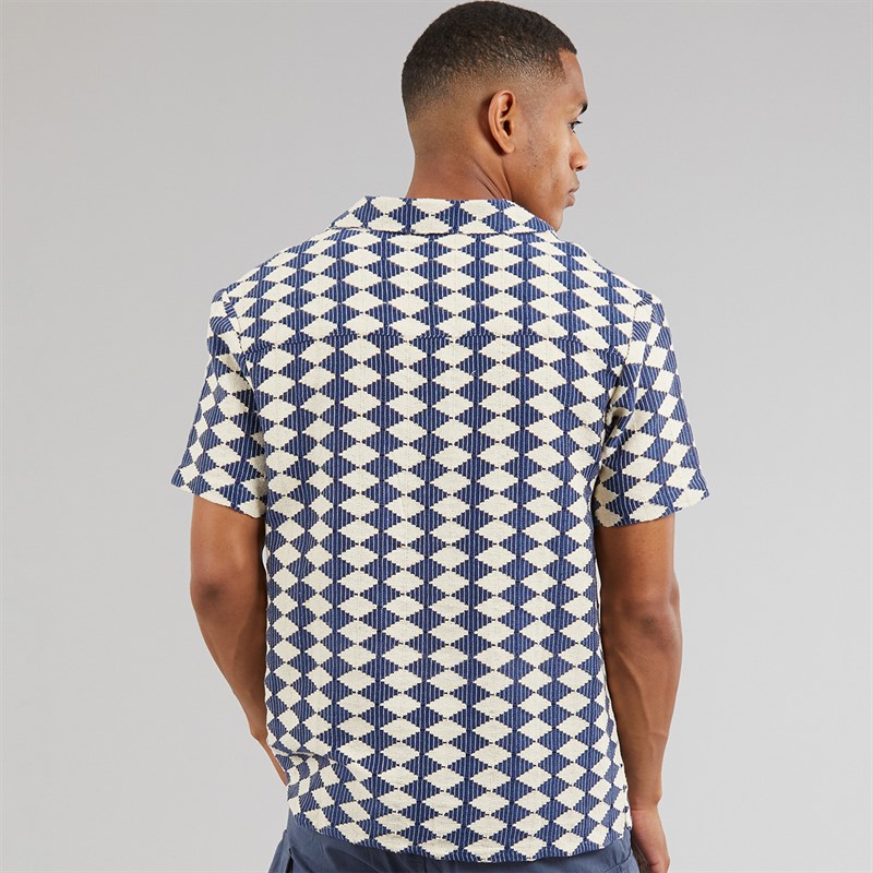 Another Influence Mens Revere Collar Crochet Shirt Navy/Cream